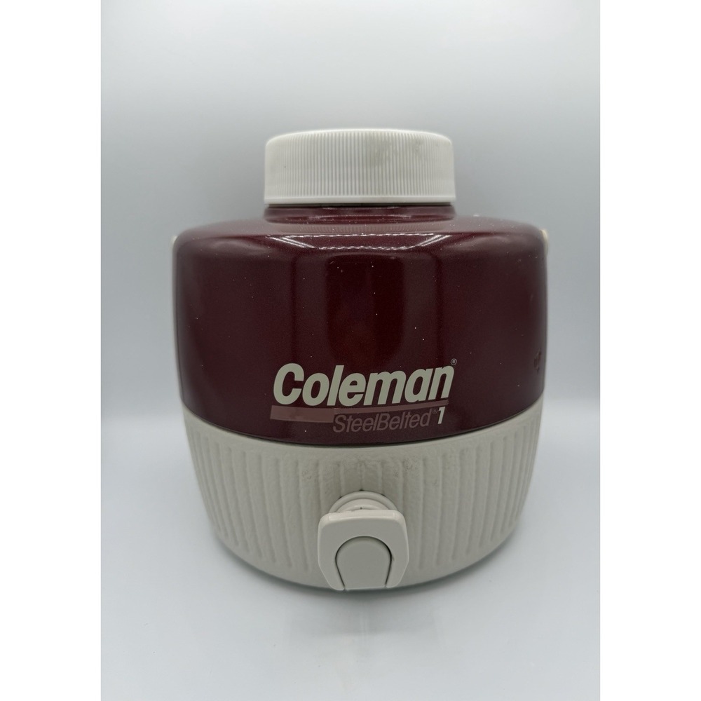 Vintage 1987/88 Coleman Steel Belted 1 burgandy 1 Gallon cooler w cup